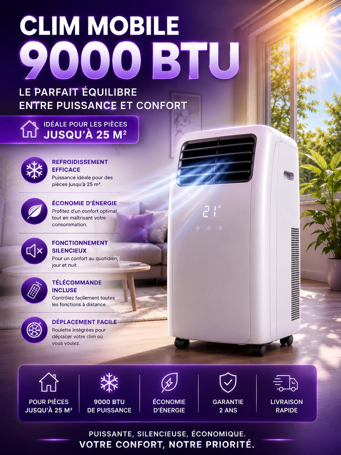 Clim Mobile 9000 BTU – Pièces jusqu'à 25 m²